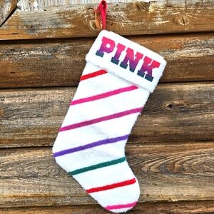 Victoria's Secret PINK White Sherpa Striped Pink Red Purple Christmas Stocking